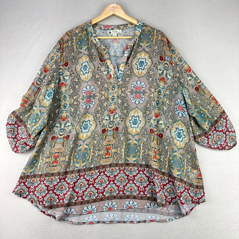 Unity‎ World Wear Blouse Women 3X Multicolor Boho V-Neck 3/4 Sleeve Semi Sheer